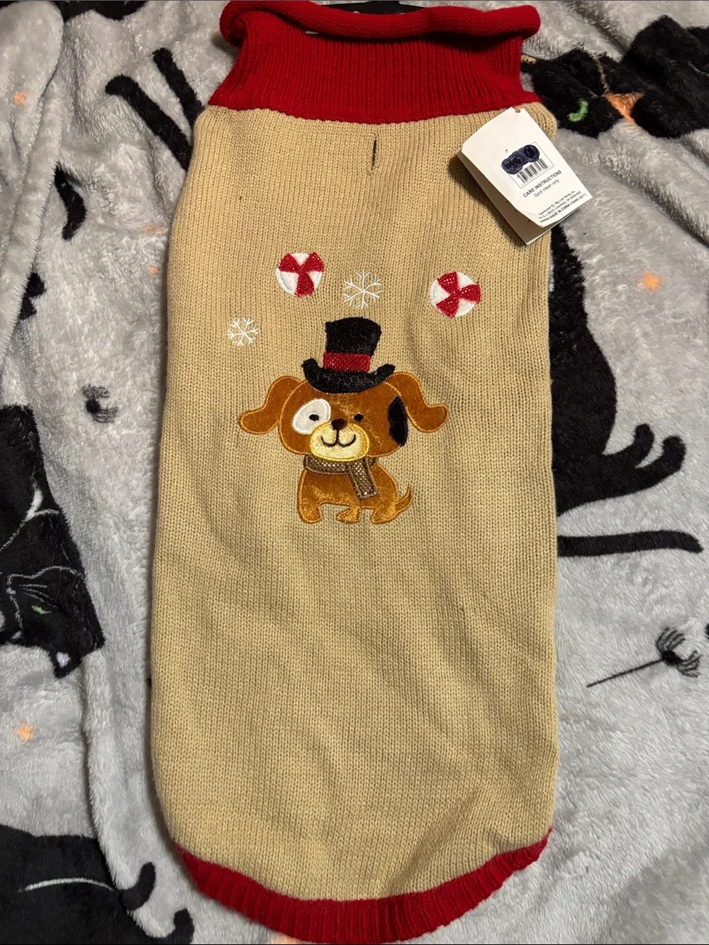 Beige & Red Holiday Dog Sweater with Festive Puppy Embroidery